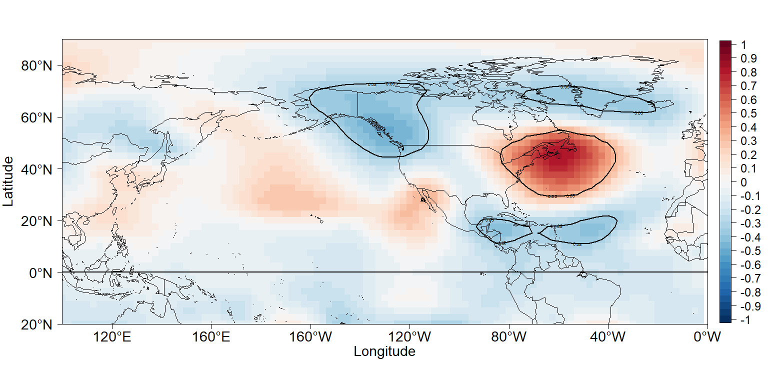 Correlation between January ENA Index and January Sea Level Pressure Anomalies