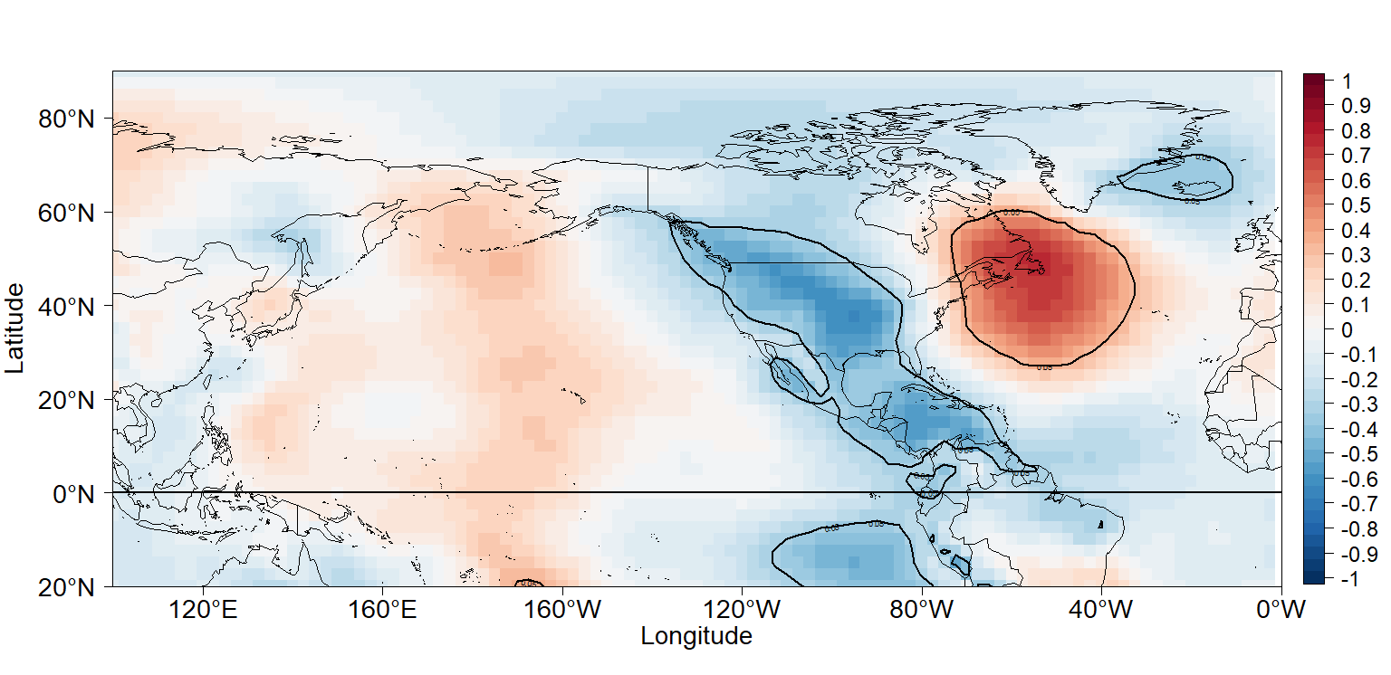 Correlation between January ENA Index and January Sea Level Pressure Anomalies