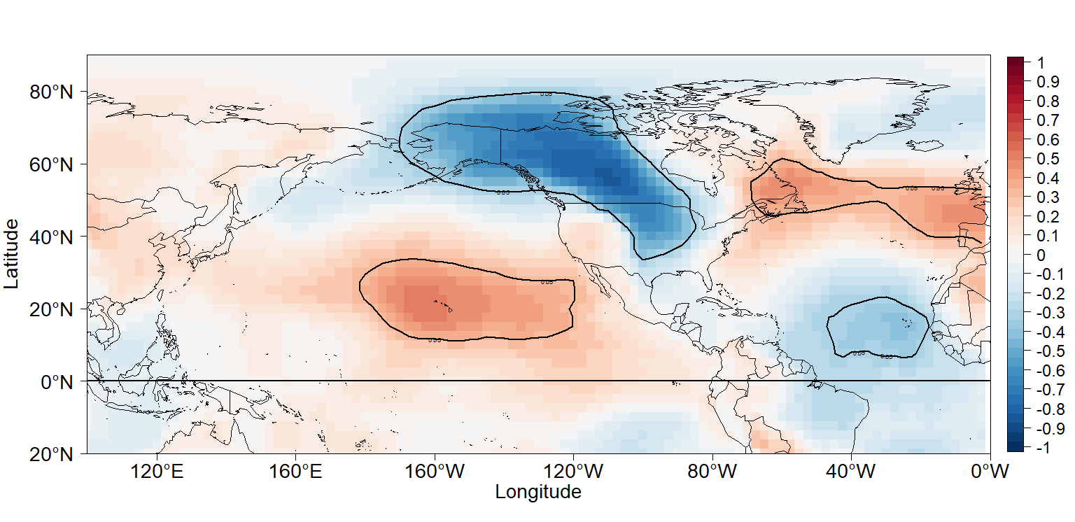 Correlation between February 
         Dipole Index and February Sea Level Pressure Anomalies